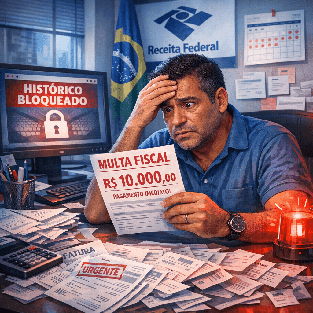 Pequeno empresário recebendo multa fiscal enquanto tenta acessar notas fiscais antigas bloqueadas.