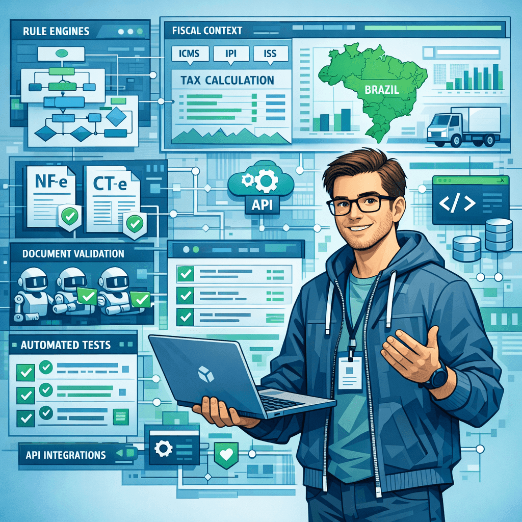 Arquiteto de software projetando um motor tributário com regras versionadas, validação fiscal e integrações por API.