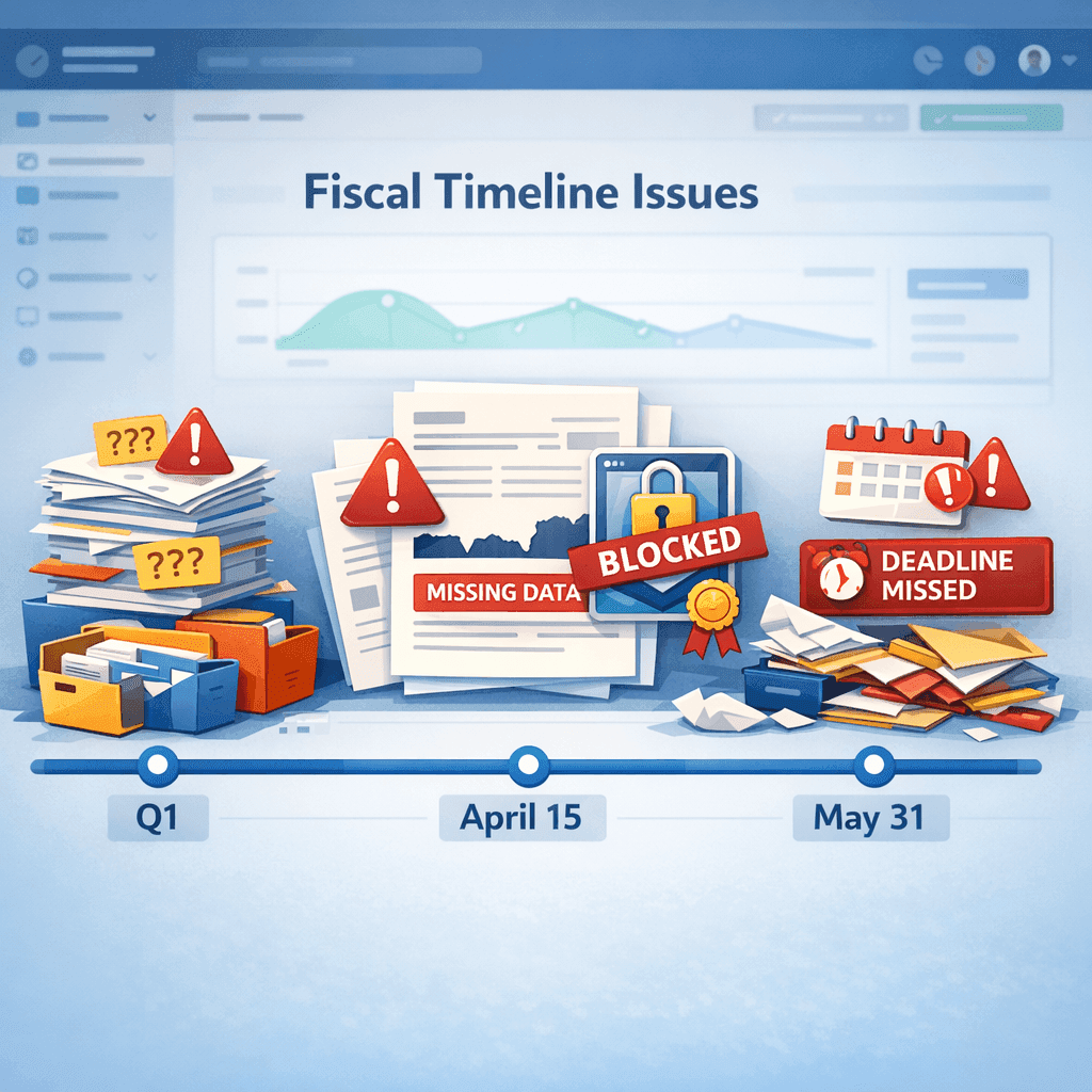 Linha do tempo fiscal interrompida por alertas e documentos faltando