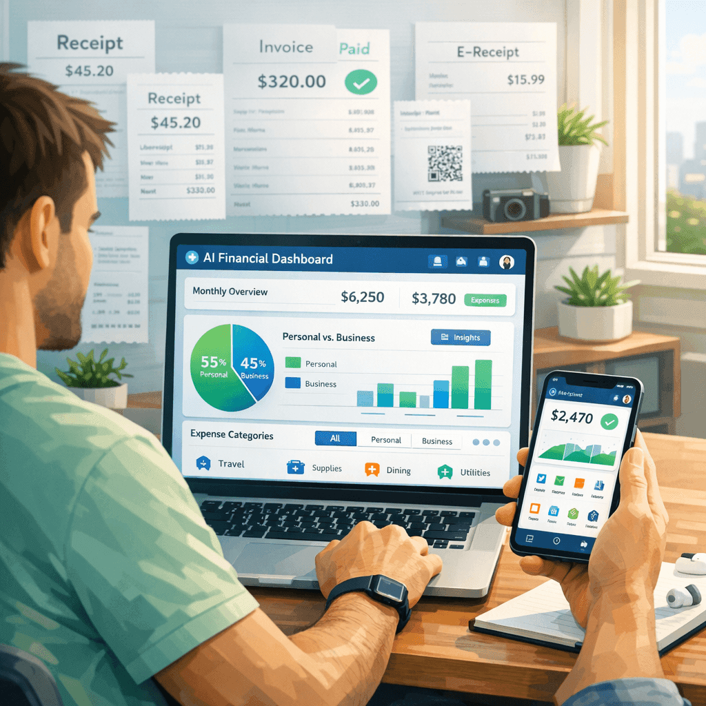 Profissional autônomo usando um sistema financeiro adaptativo com IA e notas fiscais integradas