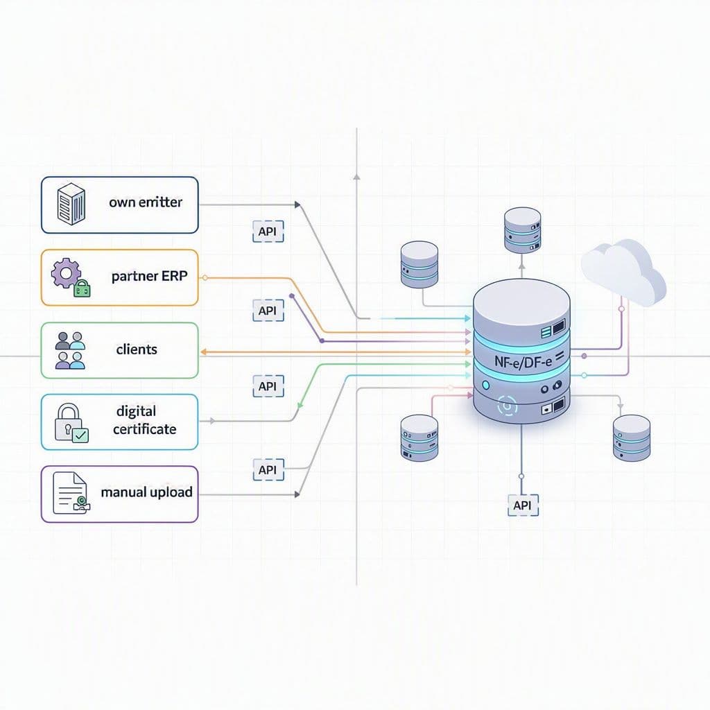 Fluxo técnico com múltiplas fontes de notas fiscais convergindo para um repositório único