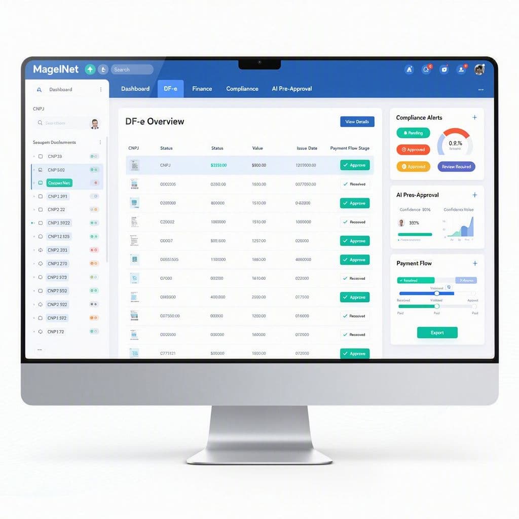 Tela SaaS mostrando integração entre módulo DF-e e financeiro com IA da MagelNet