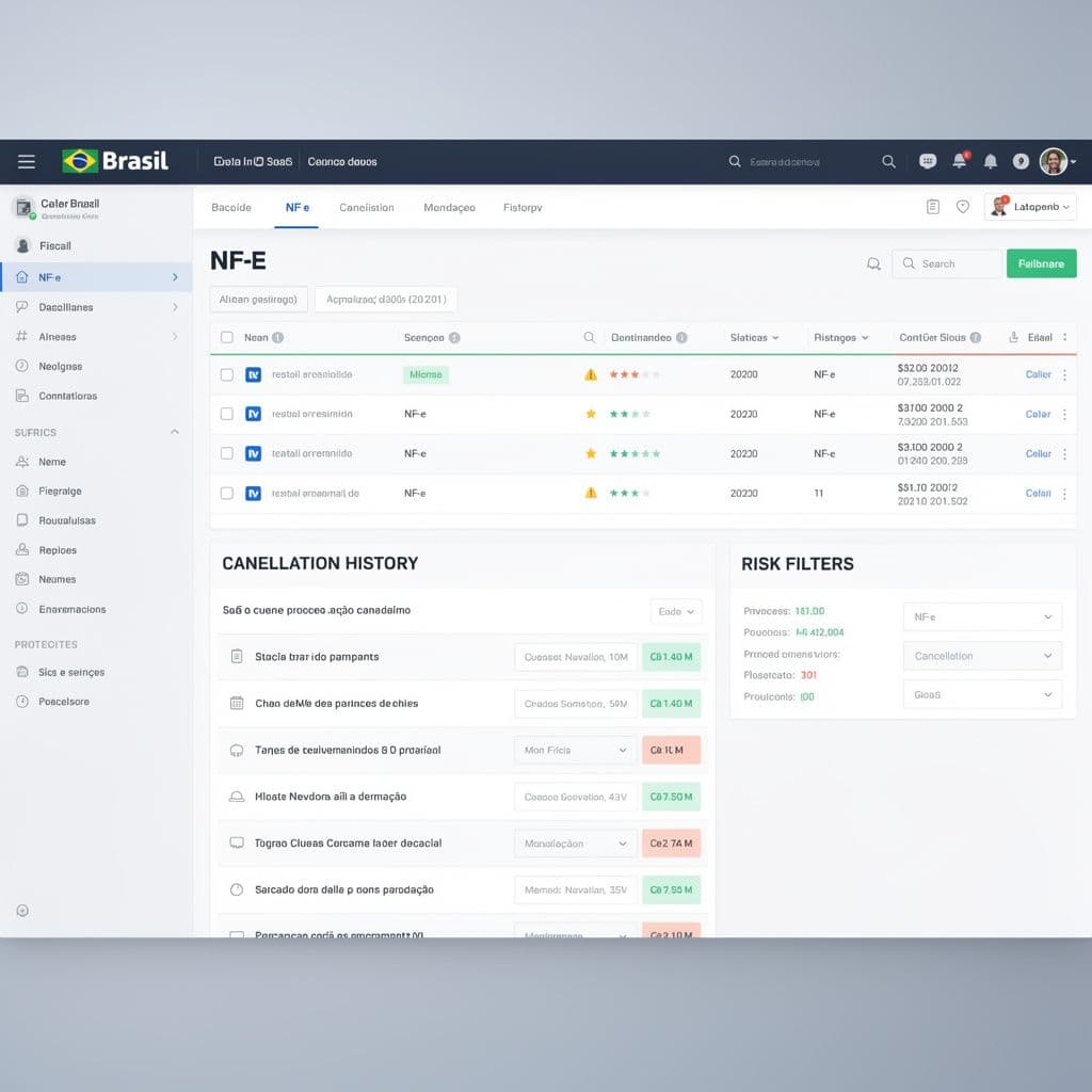 Dashboard fiscal com linha do tempo de cancelamentos e histórico de protocolos