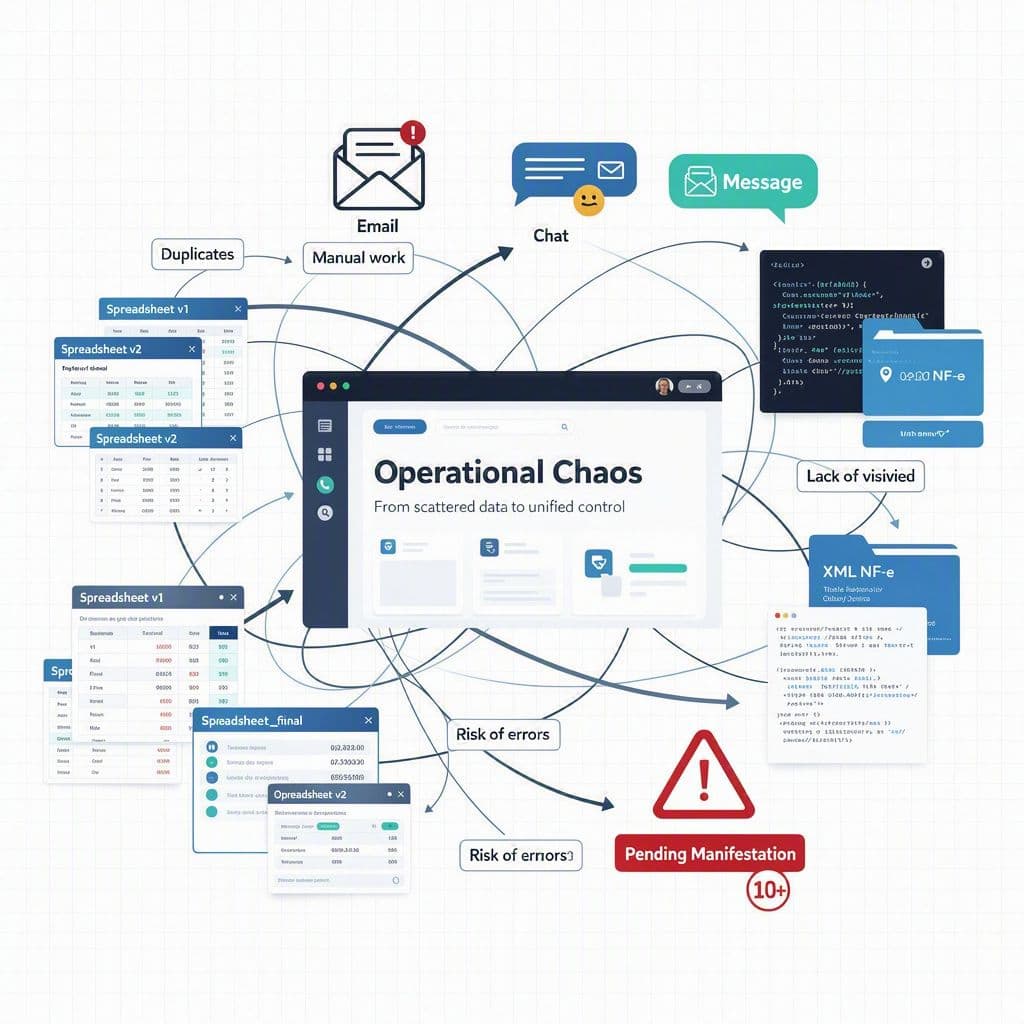 Fluxo manual com planilhas, e-mails e versões conflitantes de notas fiscais