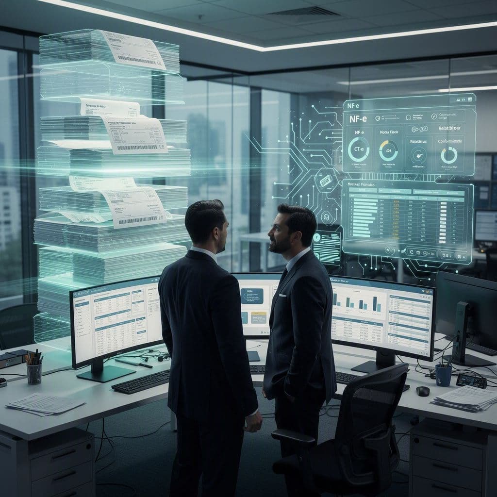 Gestores fiscais analisando grande volume de NF-e em um dashboard automatizado com IA
