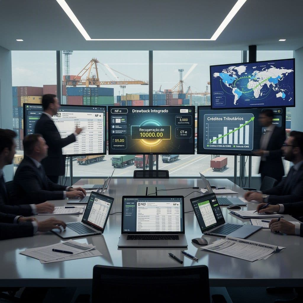 Executivos analisando NF-e e créditos de drawback em operação de exportação