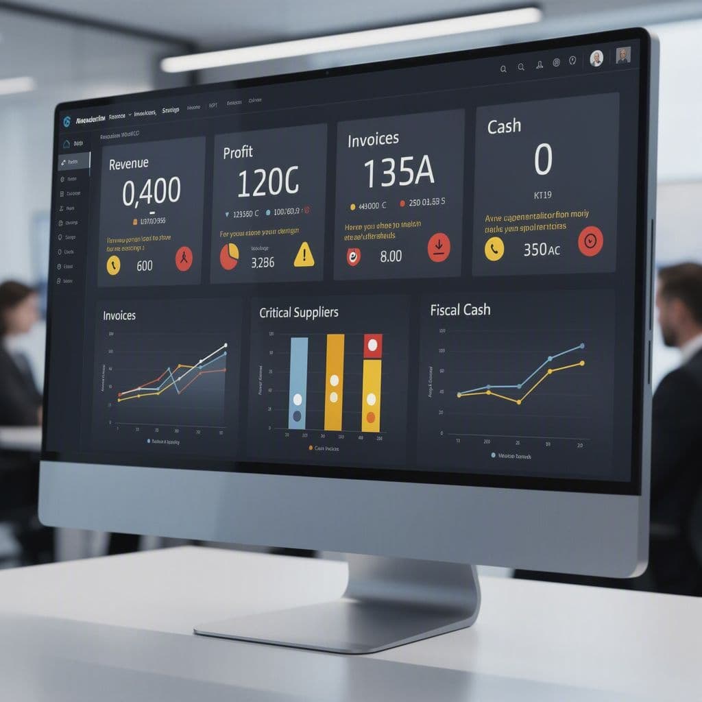 Mockup de dashboard executivo de risco fiscal com cinco KPIs e alertas visuais.