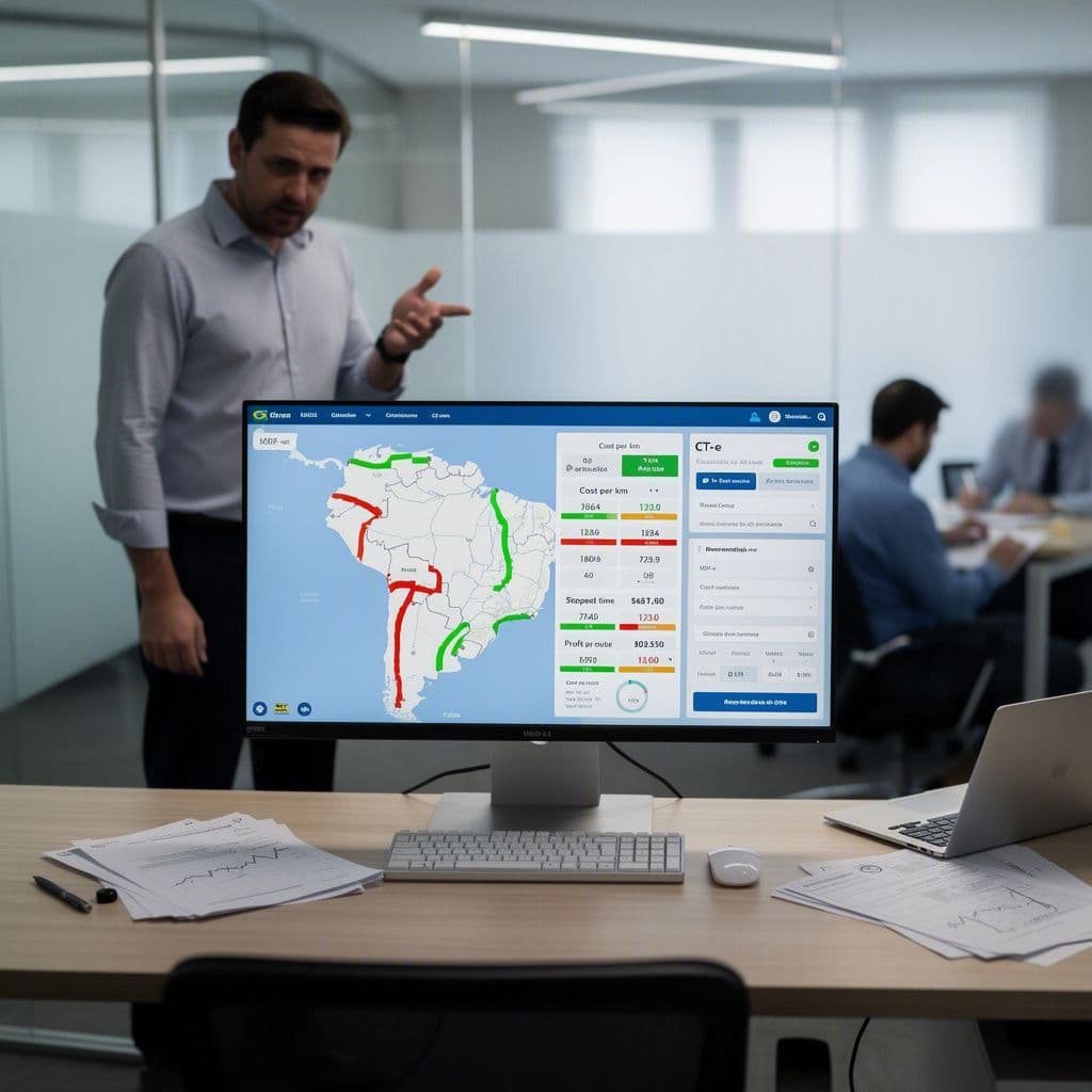 Dashboard logístico analisando MDF-e, custo por km e rentabilidade por rota em uma frota de transporte