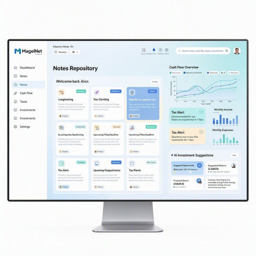 Painel da MagelNet mostrando notas centralizadas, IA financeira e oportunidades de investimento