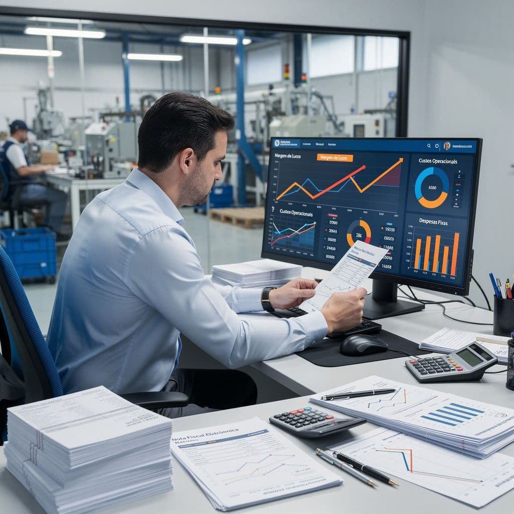 Gerente industrial analisando custos de produção e XMLs de insumos com margem em queda