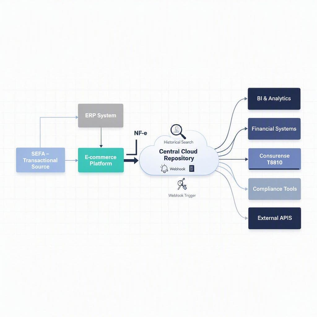 Fluxo entre SEFAZ, ERP, API e repositório central de NF-e