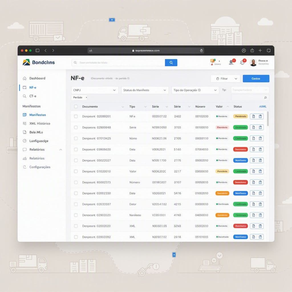 Painel de DF-e centralizado da MagelNet com NF-e e CT-e organizadas para operação de delivery.