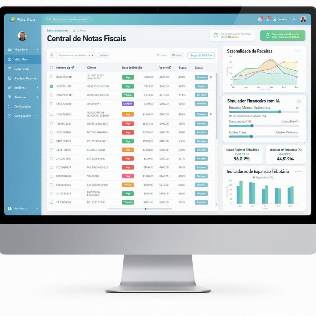 Interface de plataforma SaaS centralizando notas fiscais e simulando expansão fiscal com IA