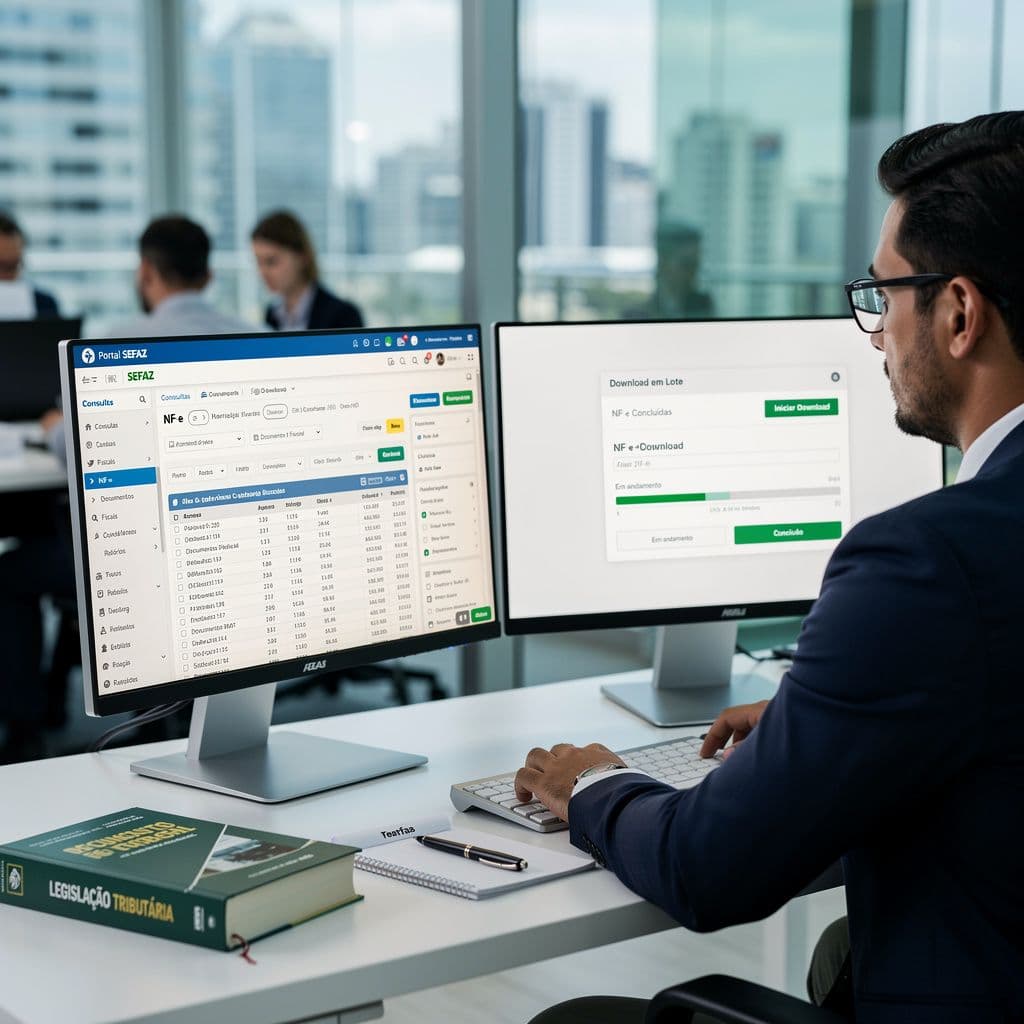 Profissional fiscal comparando o portal da SEFAZ com uma solução de download em lote de NF-e
