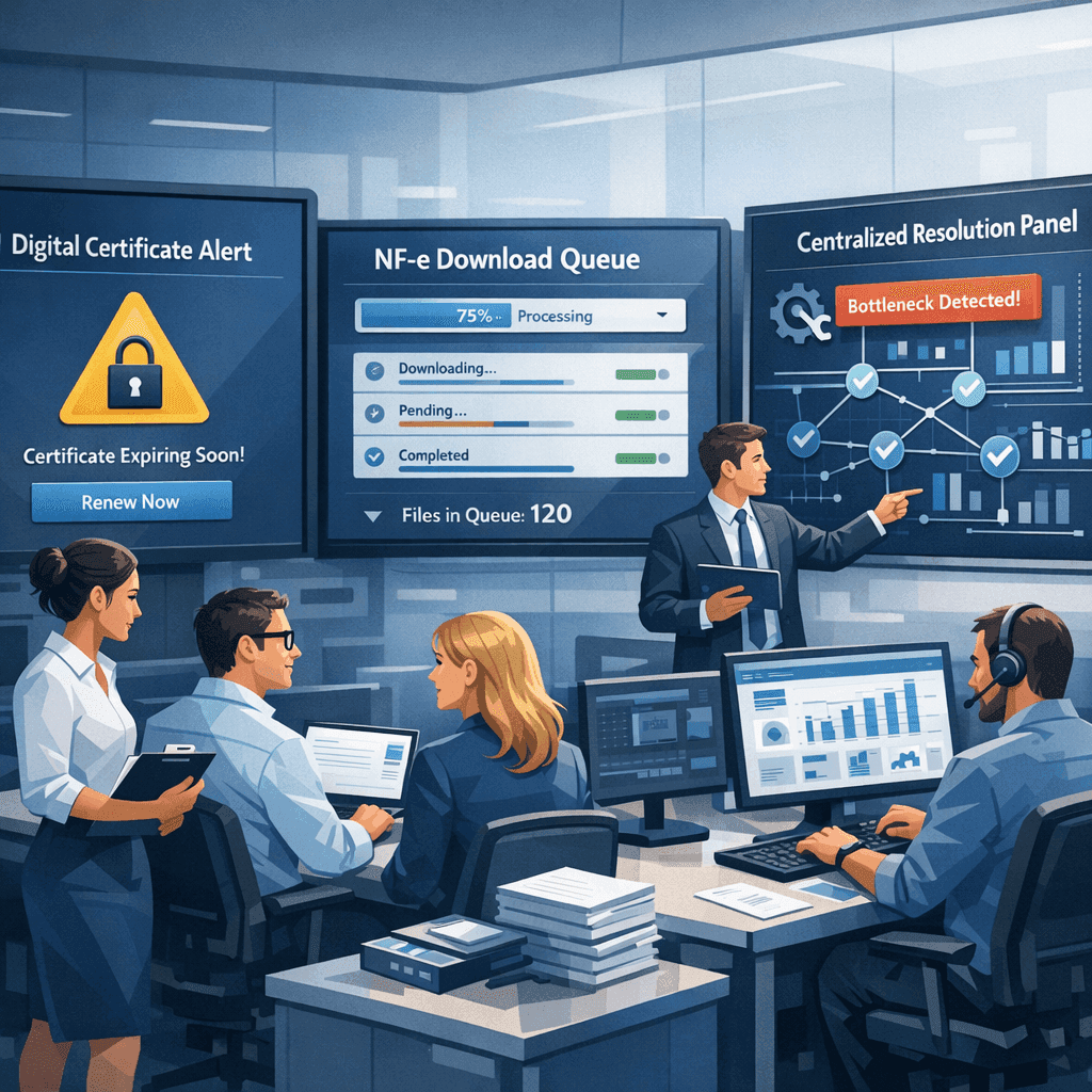 Equipe fiscal lidando com conflito de certificado digital durante o fechamento