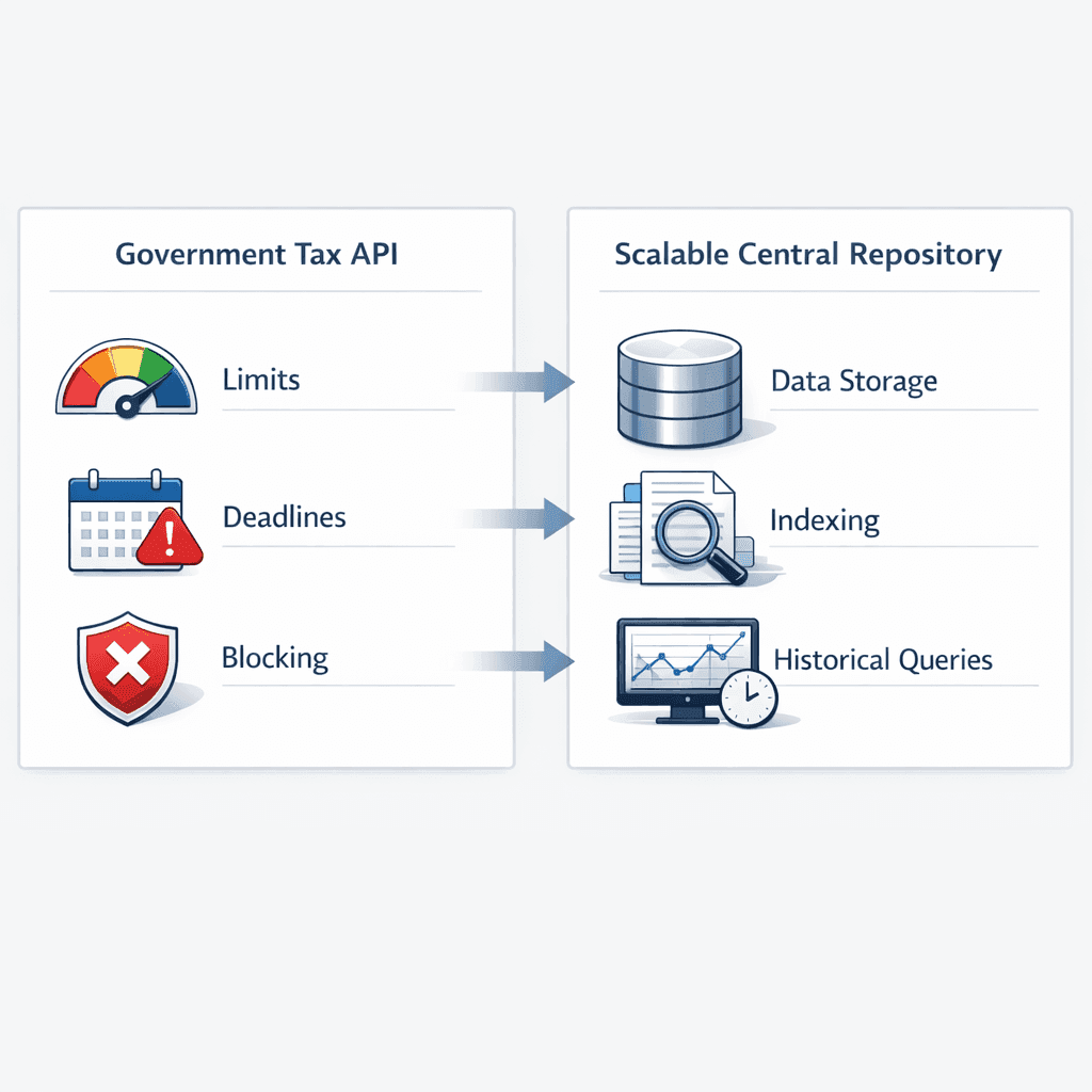 Comparação entre uma API fiscal limitada e um repositório central escalável de documentos fiscais.