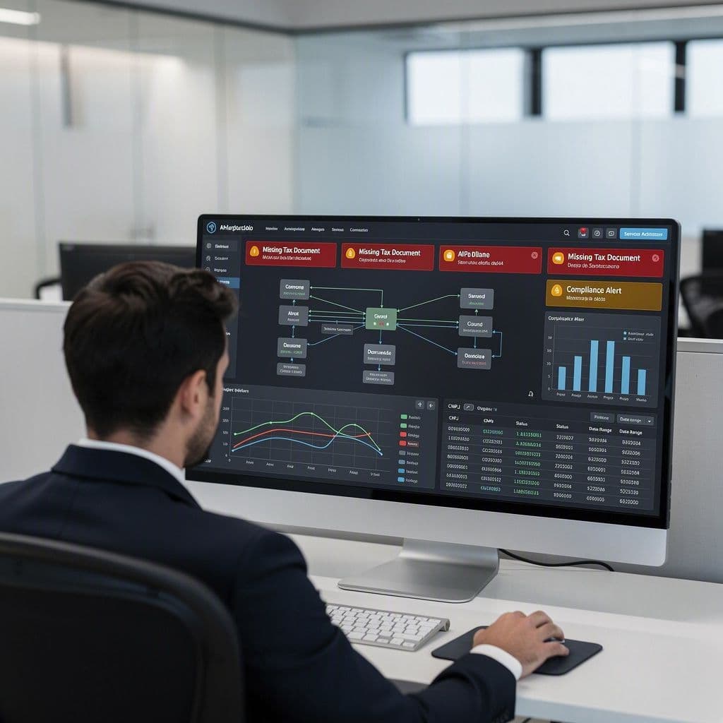 Profissional de tecnologia analisando arquitetura fiscal com alerta de documentos ausentes