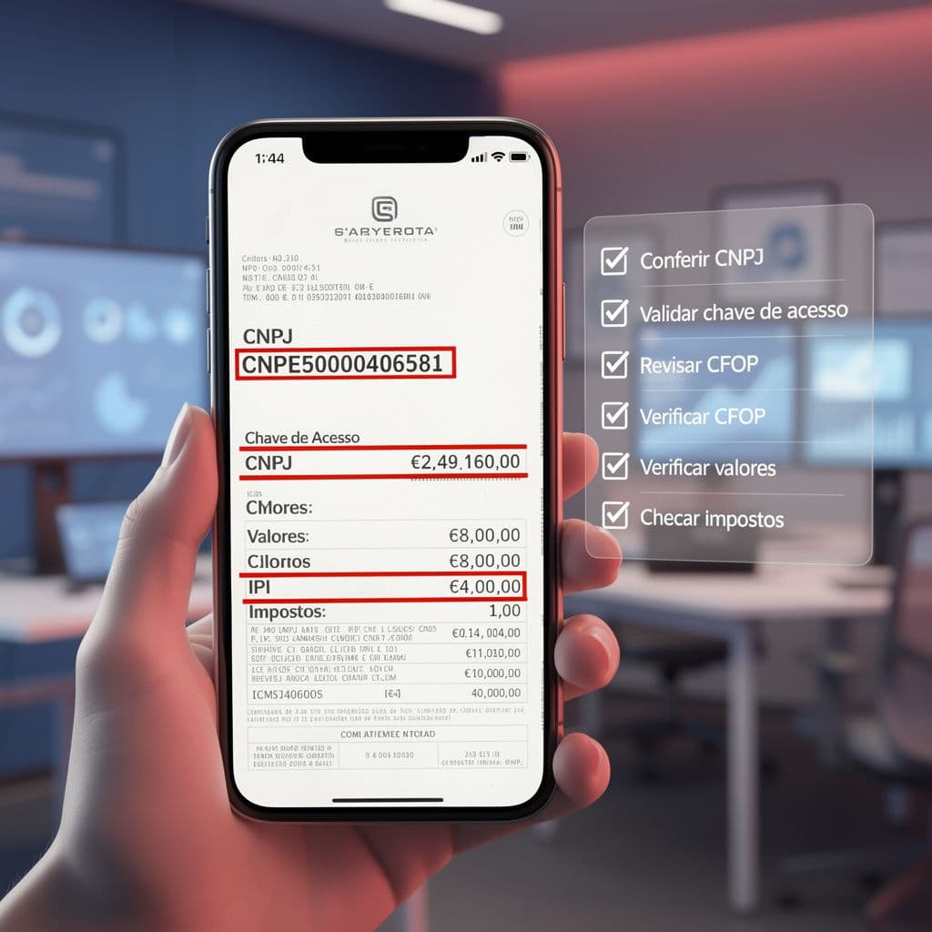 Celular com NF-e destacando pontos críticos e checklist de conferência antes do manifesto