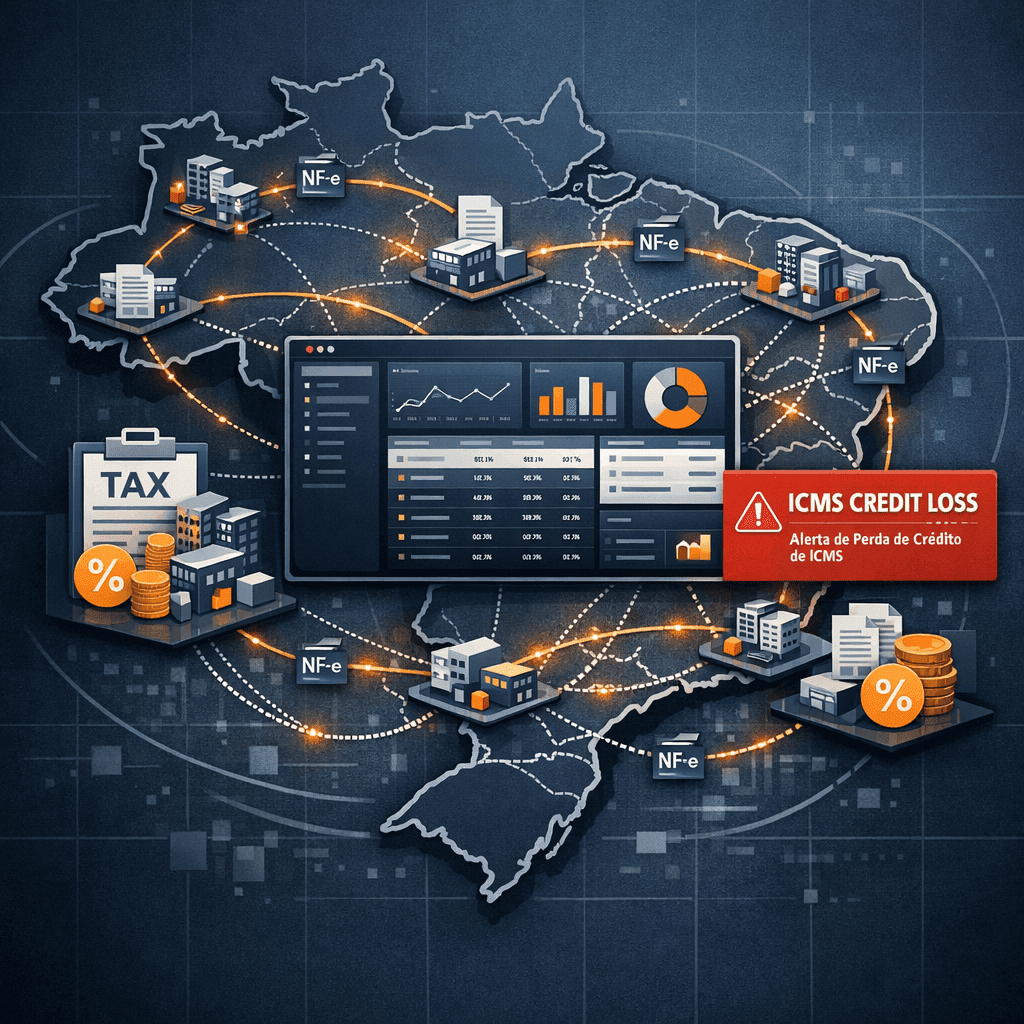 Mapa do Brasil com filiais trocando NF-e e painel mostrando vazamentos de créditos de ICMS