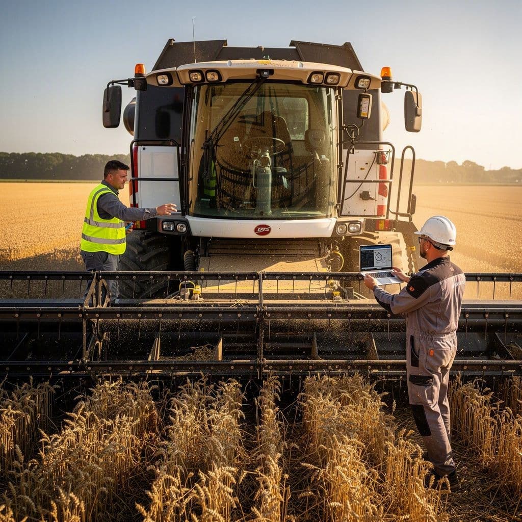 Máquina agrícola parada na lavoura com equipe avaliando falha mecânica.