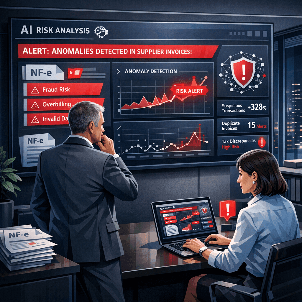 Controller analisando dashboard de IA que identifica riscos fiscais em NF-e de fornecedores