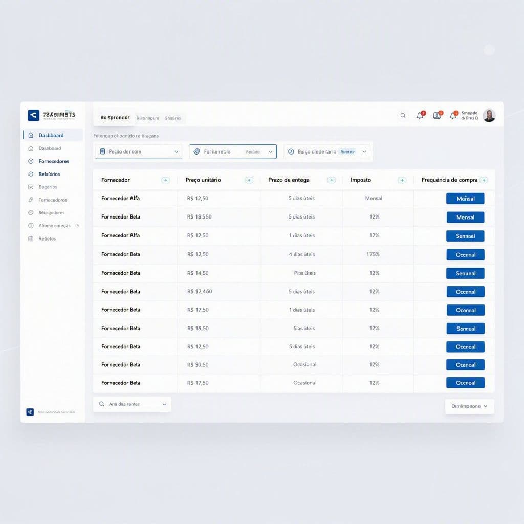 Comparação de fornecedores em dashboard financeiro