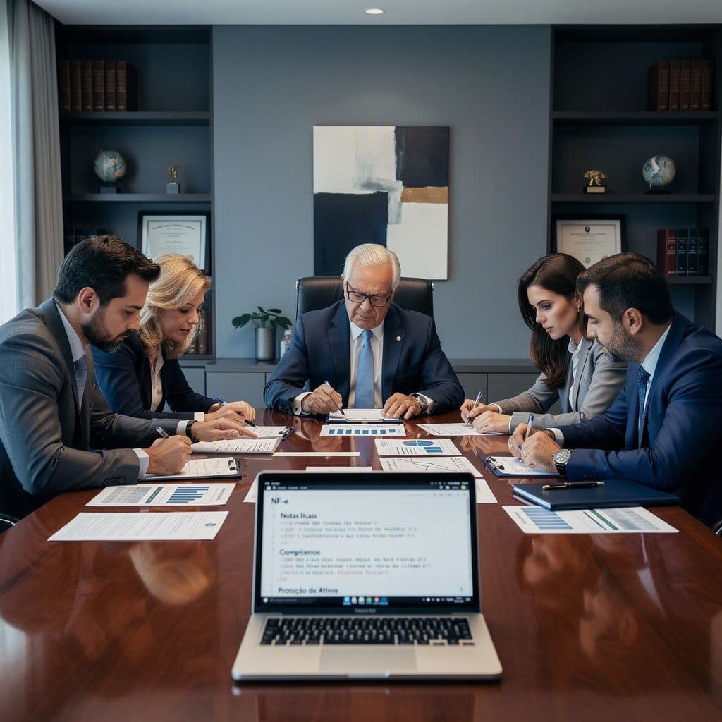 Família empresária analisando XMLs fiscais durante processo de sucessão empresarial