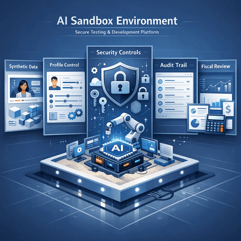 Ambiente sandbox de IA com controles de acesso e trilha de auditoria