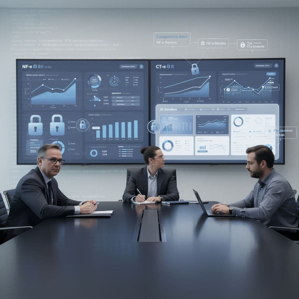Executivos analisando dados fiscais de NF-e com camadas de segurança, auditoria e IA em ambiente corporativo