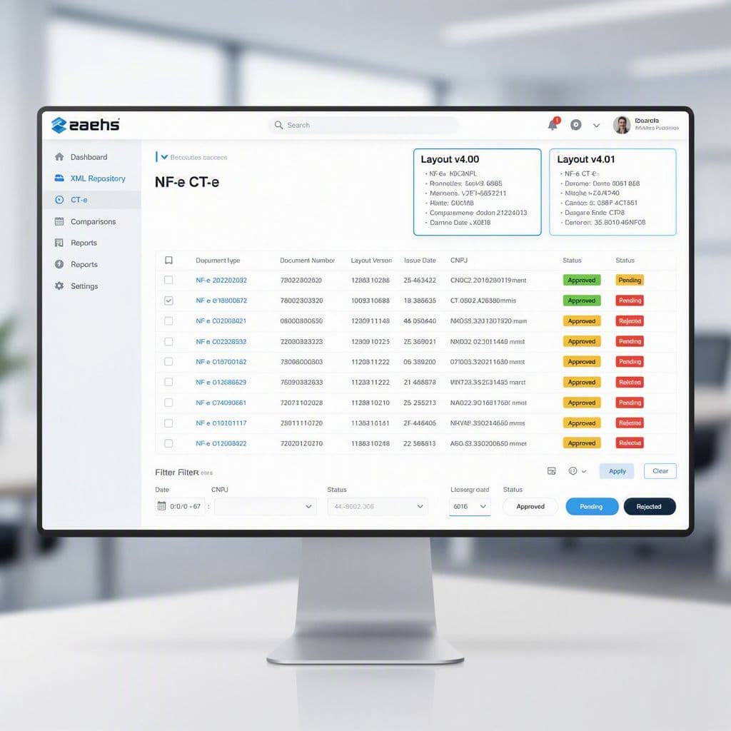Painel com histórico centralizado de XMLs fiscais para comparação de layouts.