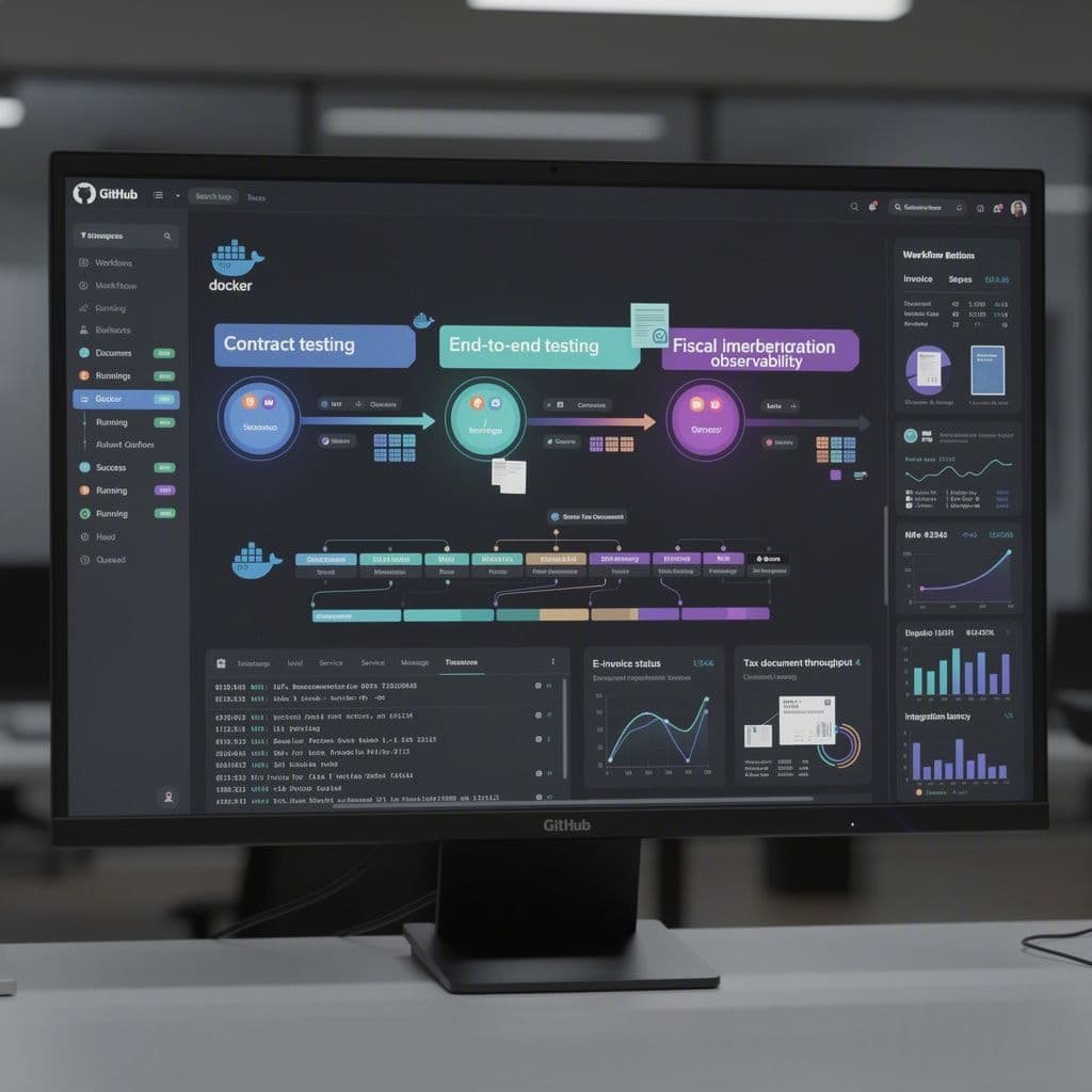 Pipeline CI executando testes fiscais com fixtures reproduzíveis e observabilidade
