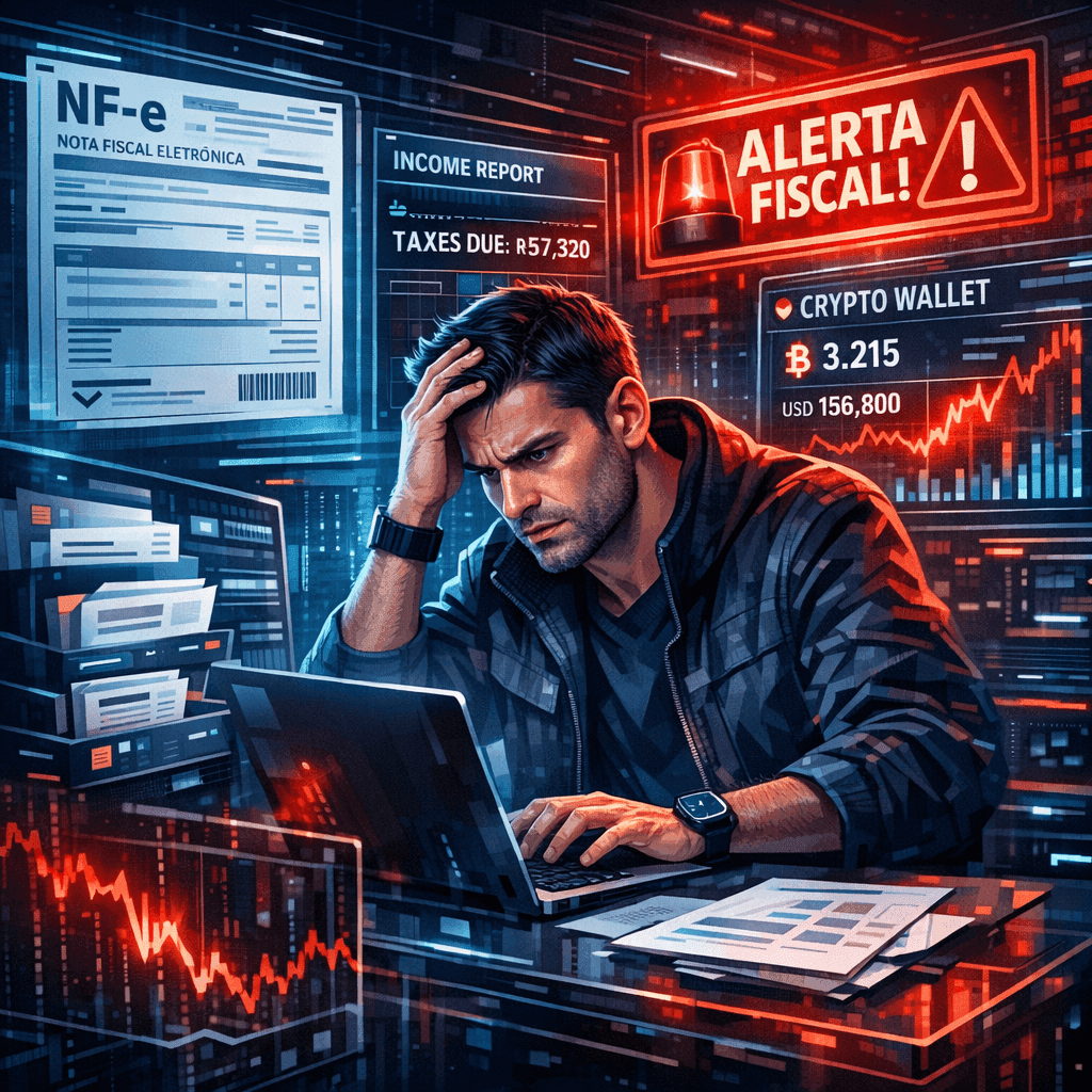 Empreendedor de e-commerce analisando NF-e e pagamentos em criptomoedas com alertas fiscais em painel digital