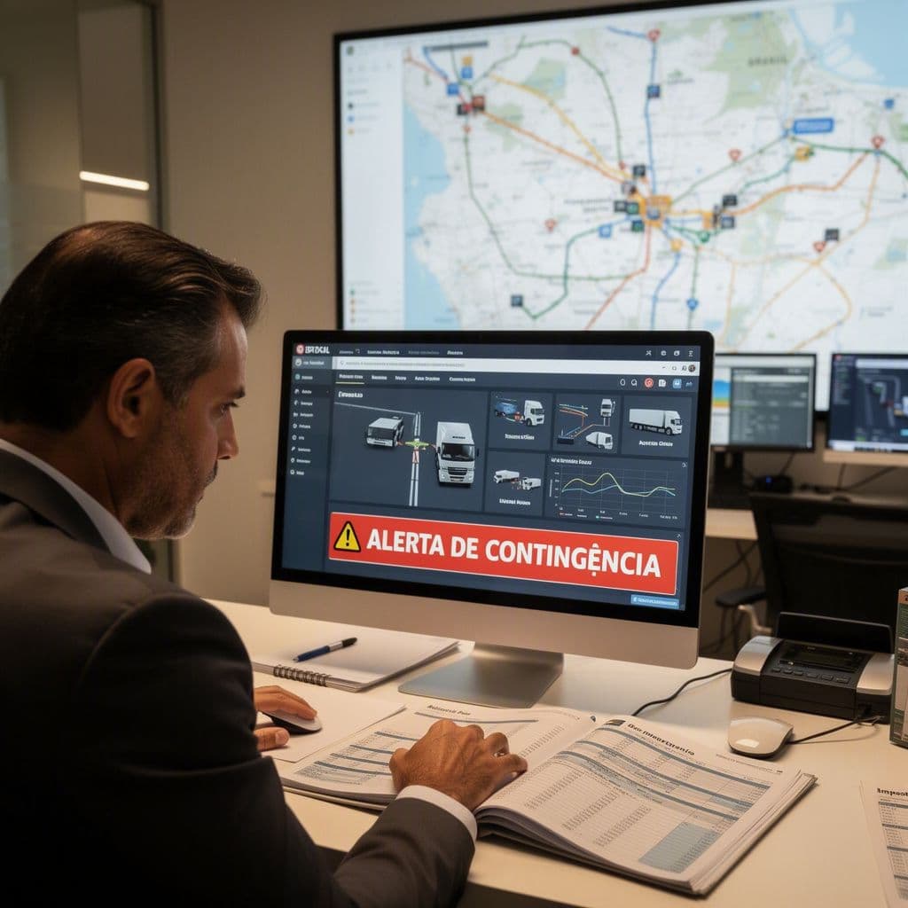 Gestor de logística monitorando frota e documentos fiscais em painel com alerta de contingência