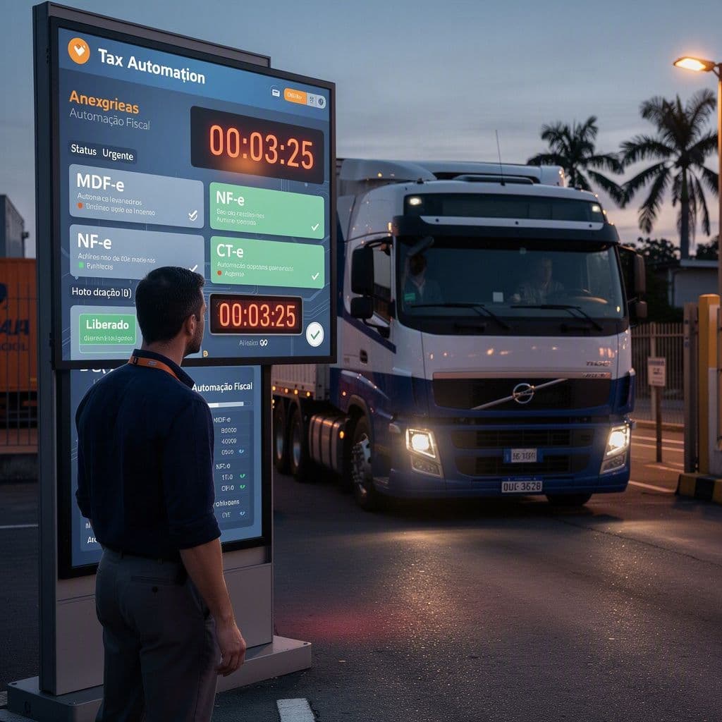 Gestor de logística usando painel digital para liberar carga com DF-e e MDF-e em pátio de transportadora