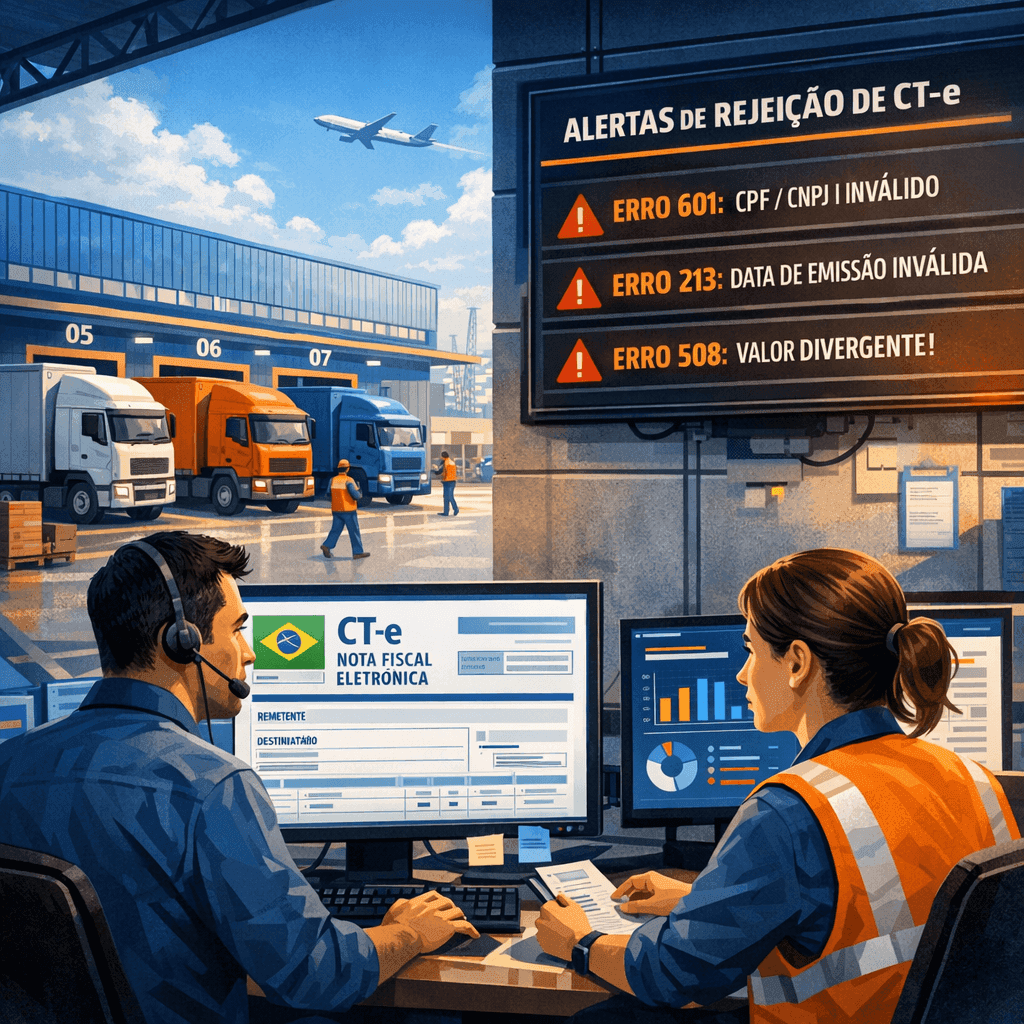 Equipe logística analisando alertas fiscais enquanto caminhões aguardam liberação no centro logístico