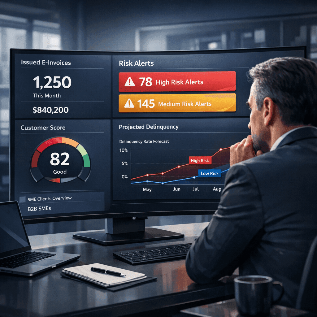 Dashboard com alertas de risco em NF-e emitidas e score de inadimplência de clientes