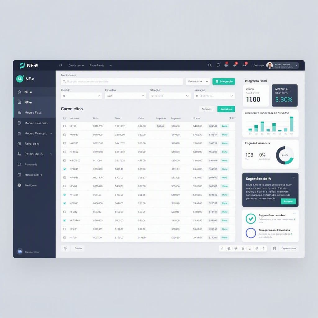 Painel SaaS centralizando NF-e antigas com integração fiscal e financeira inteligente.