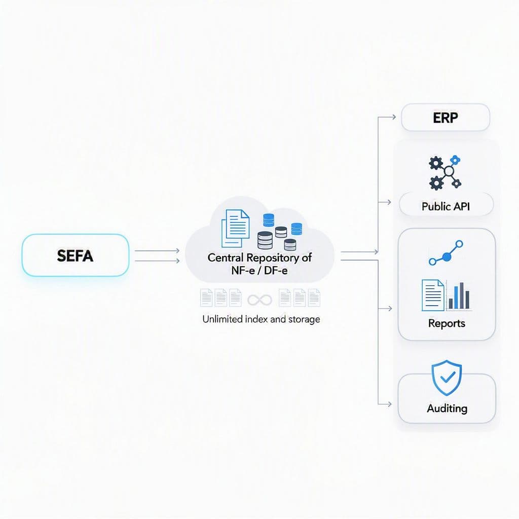 Diagrama de arquitetura com SEFAZ como origem e repositório central como camada estável para APIs e ERPs