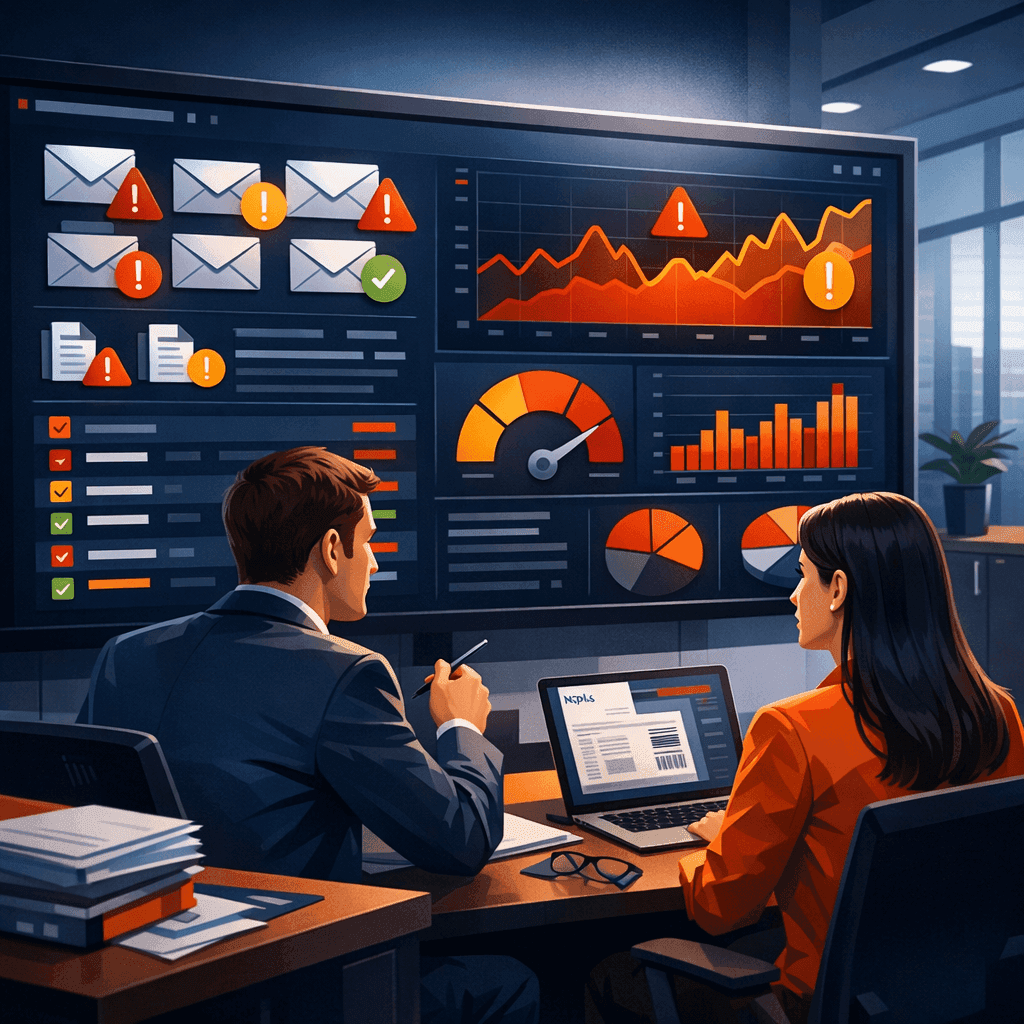 Equipe fiscal monitorando eventos da NF-e em painel com alertas