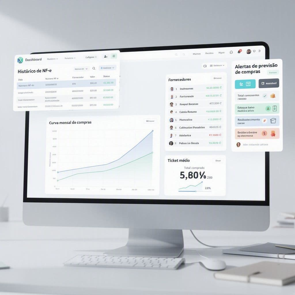 Painel mostrando histórico de compras por NF-e, volume por período e alertas comerciais.