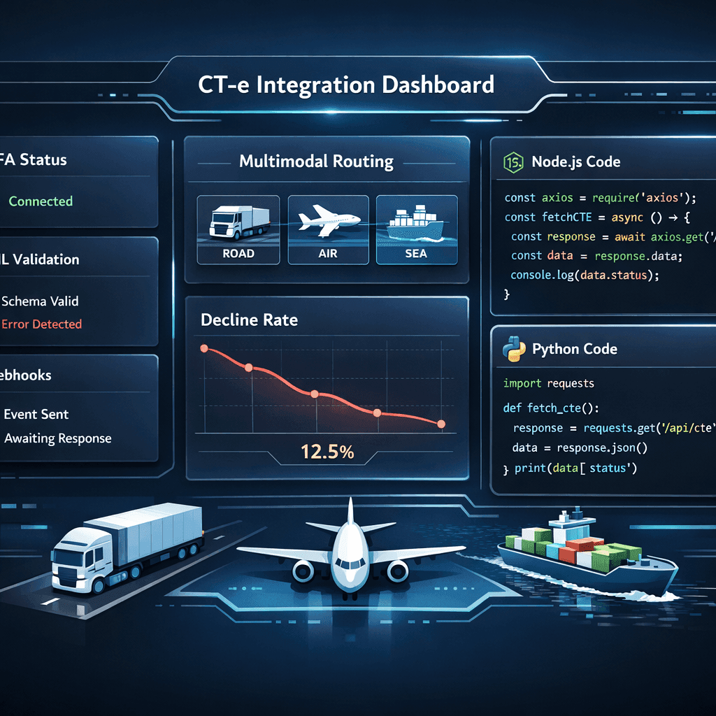 Dashboard técnico de integração CT-e com validação fiscal, eventos SEFAZ e código pronto para apps de logística