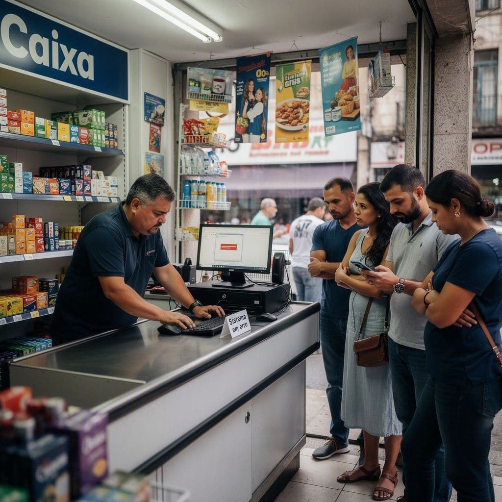 Fila em loja física com clientes aguardando enquanto operador tenta resolver erro fiscal no PDV