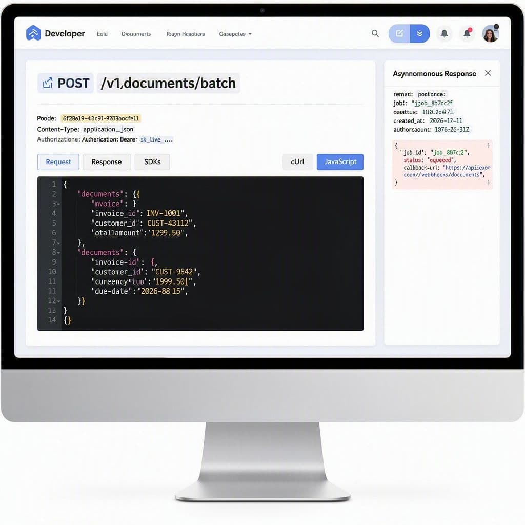 Exemplo visual de endpoint de upload batch para NF-e e DF-e em uma API fiscal