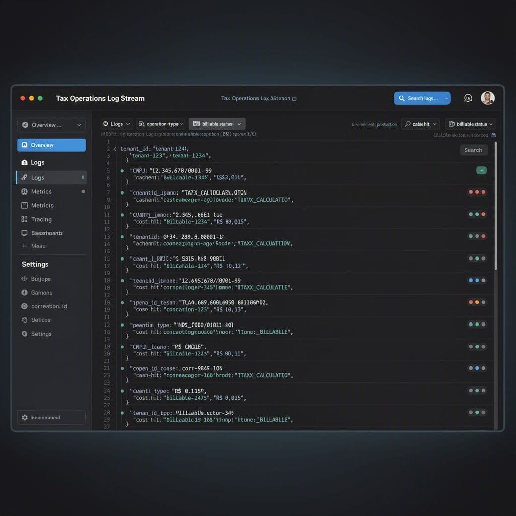 Exemplo visual de log estruturado com tenant, CNPJ, operação e status de cobrança
