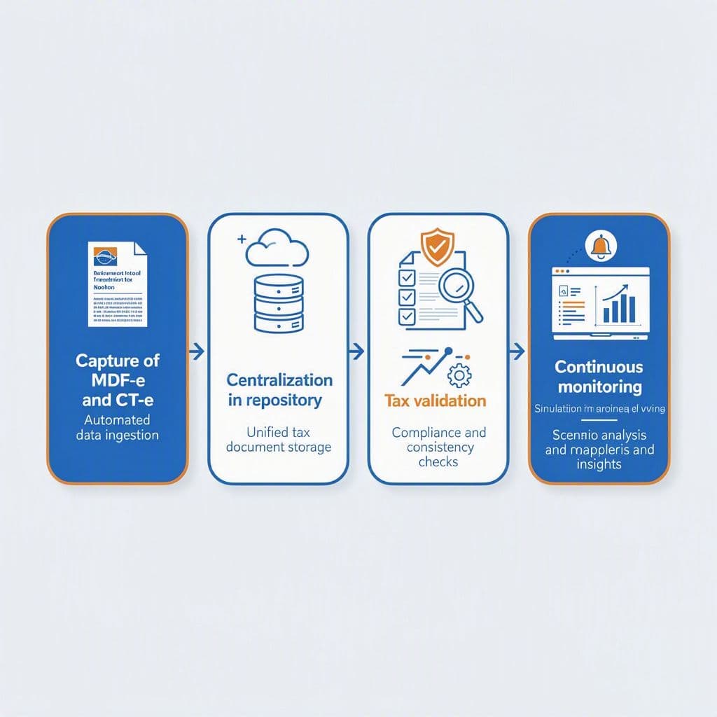Fluxo visual de migração de MDF-e para repositório central com validação automática