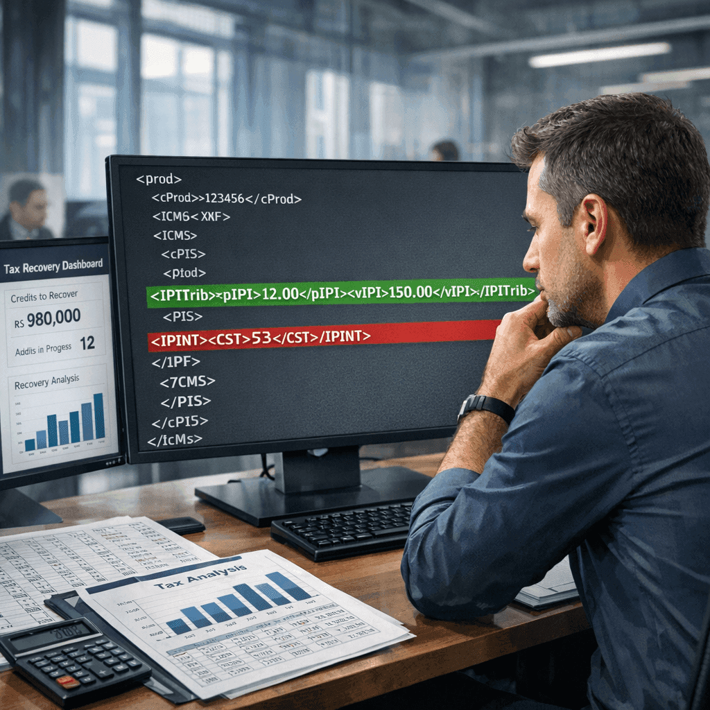 Gestor fiscal analisando notas fiscais eletrônicas para identificar créditos de IPI não aproveitados