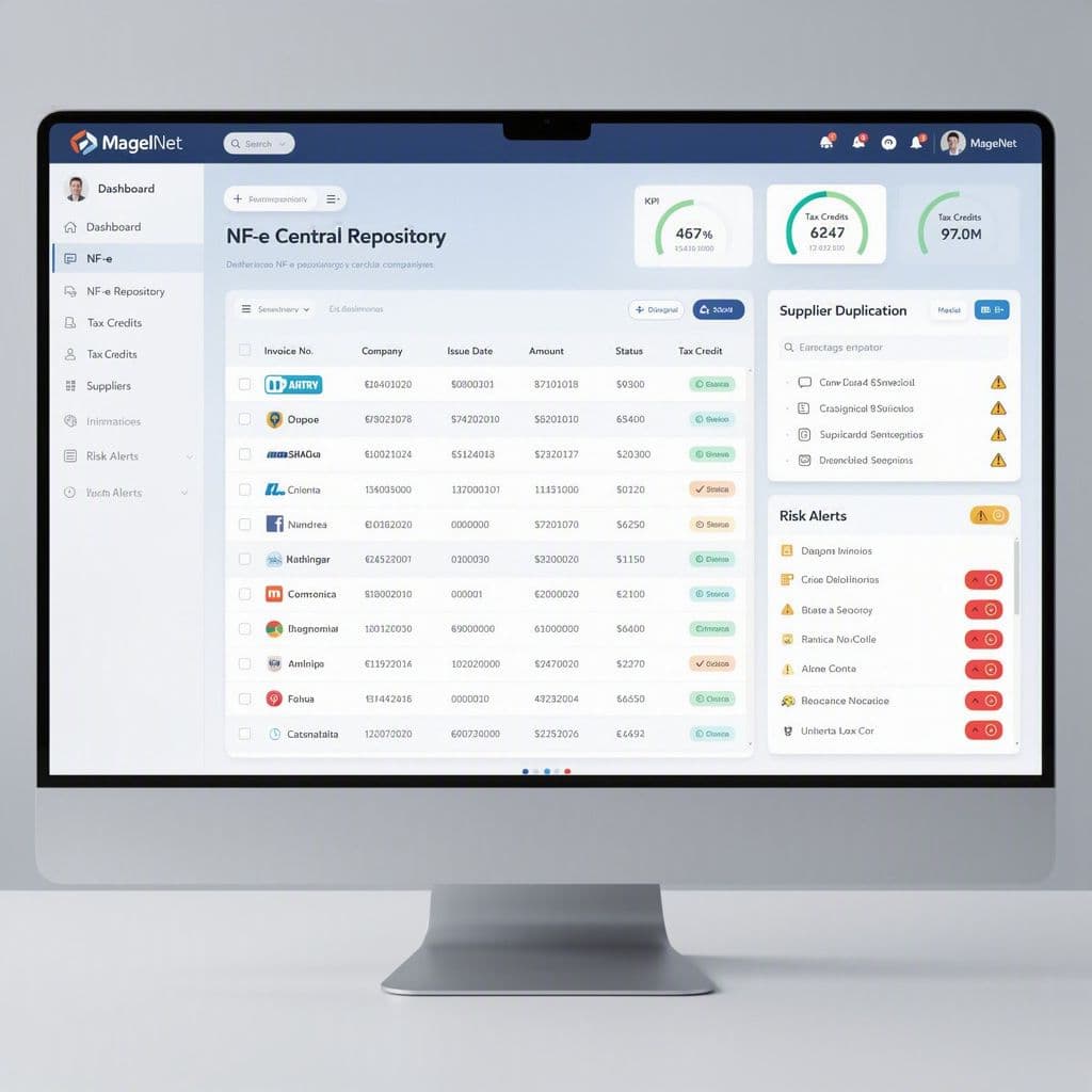 Plataforma MagelNet exibindo repositório central de notas de múltiplas empresas e relatório de sinergias