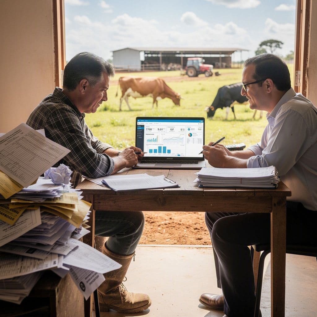 Produtor rural e contador migrando planilhas e notas fiscais para uma base única de gestão