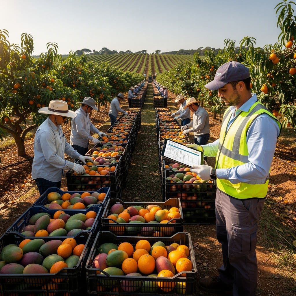 Gestor de pomar planejando mão de obra temporária durante a colheita em um pomar de frutas