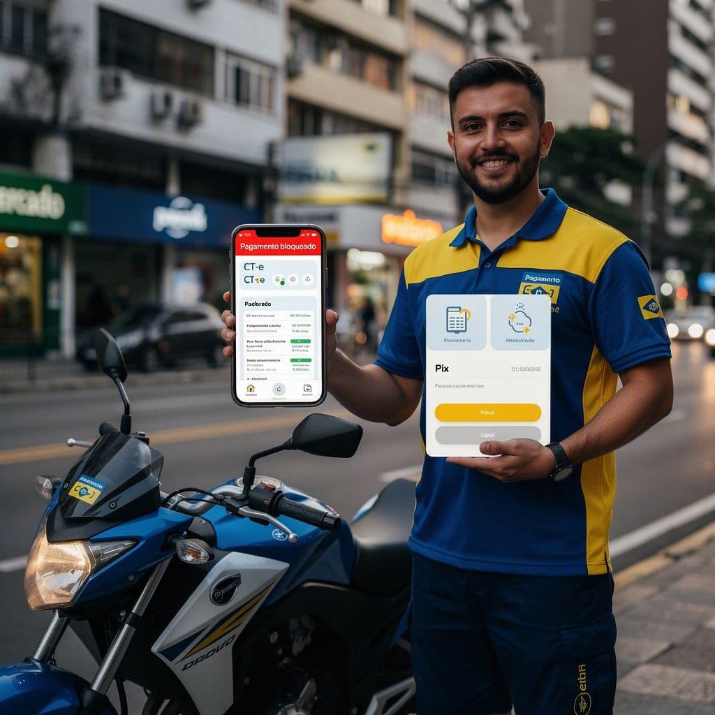 Motorista de delivery consultando CT-e no celular para liberar pagamento Pix